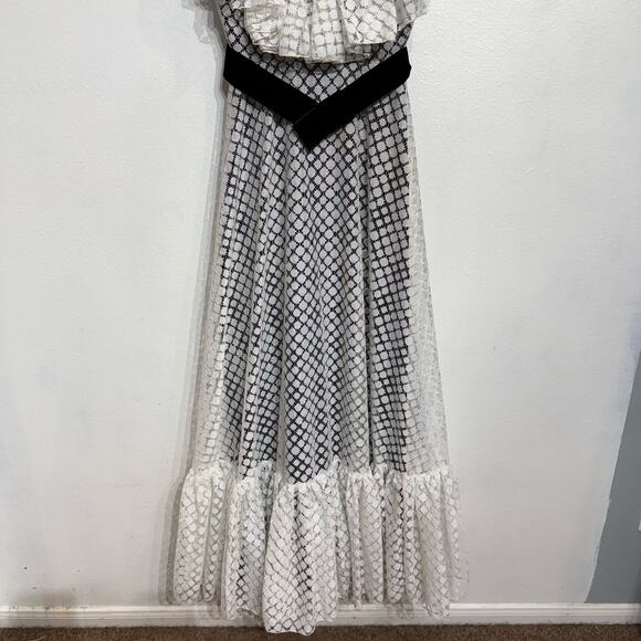 Les Wilk White Lace Ruffle Overlay Velvet Belted 70's Maxi Dress Sz M - Picture 4 of 11